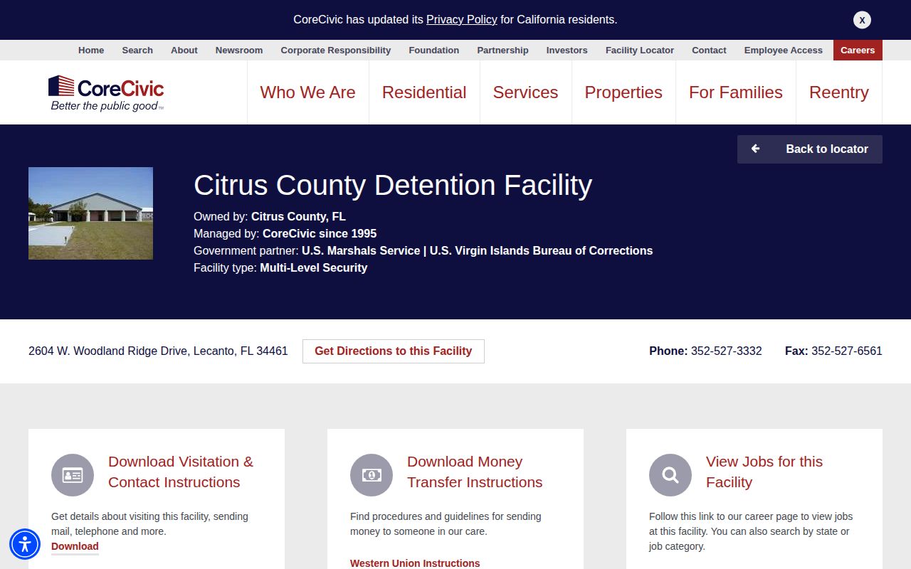 CoreCivic page for Citrus County Detention Facility in Lecanto