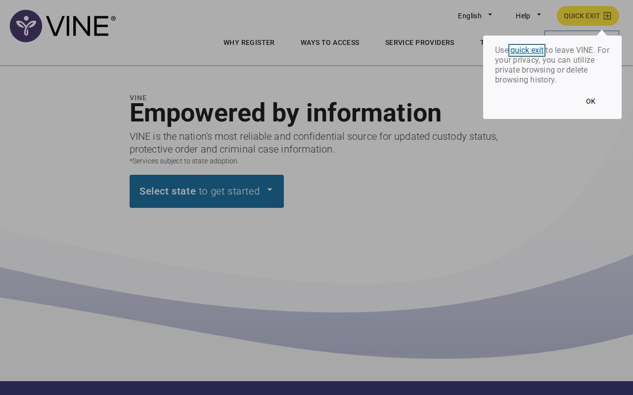 VINELink registration screen for custody status notifications