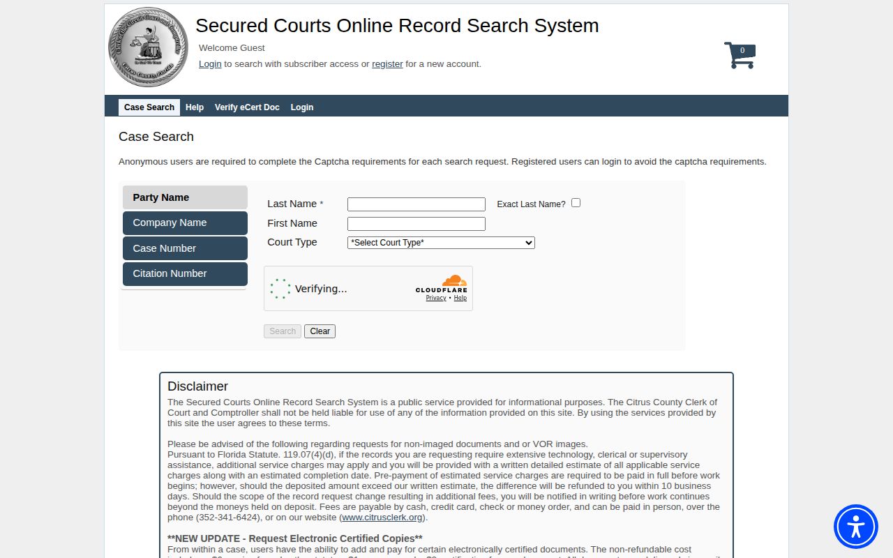 Citrus County court record search for arrest case dispositions