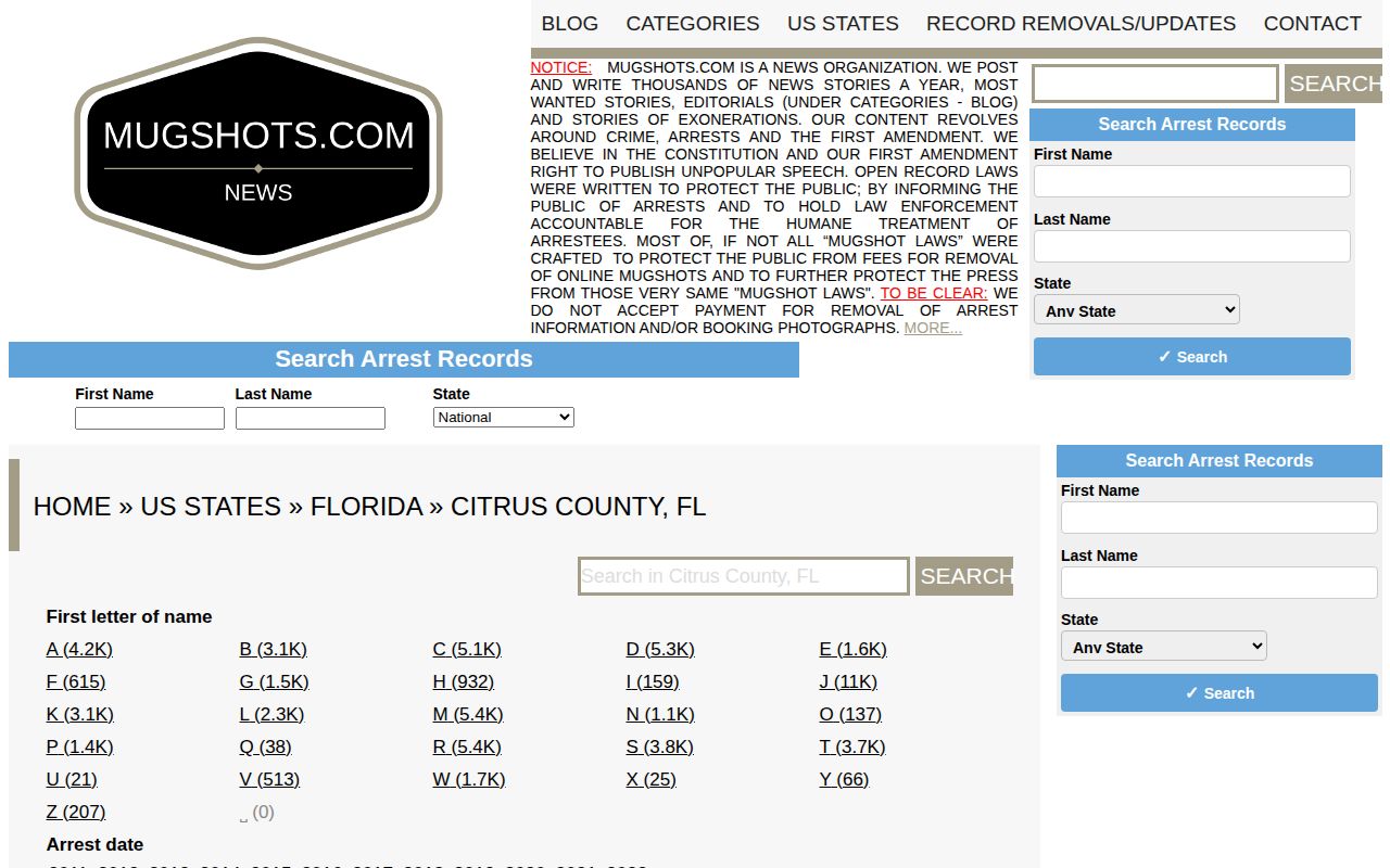 Screenshot of the unofficial Mugshots.com Citrus County archive