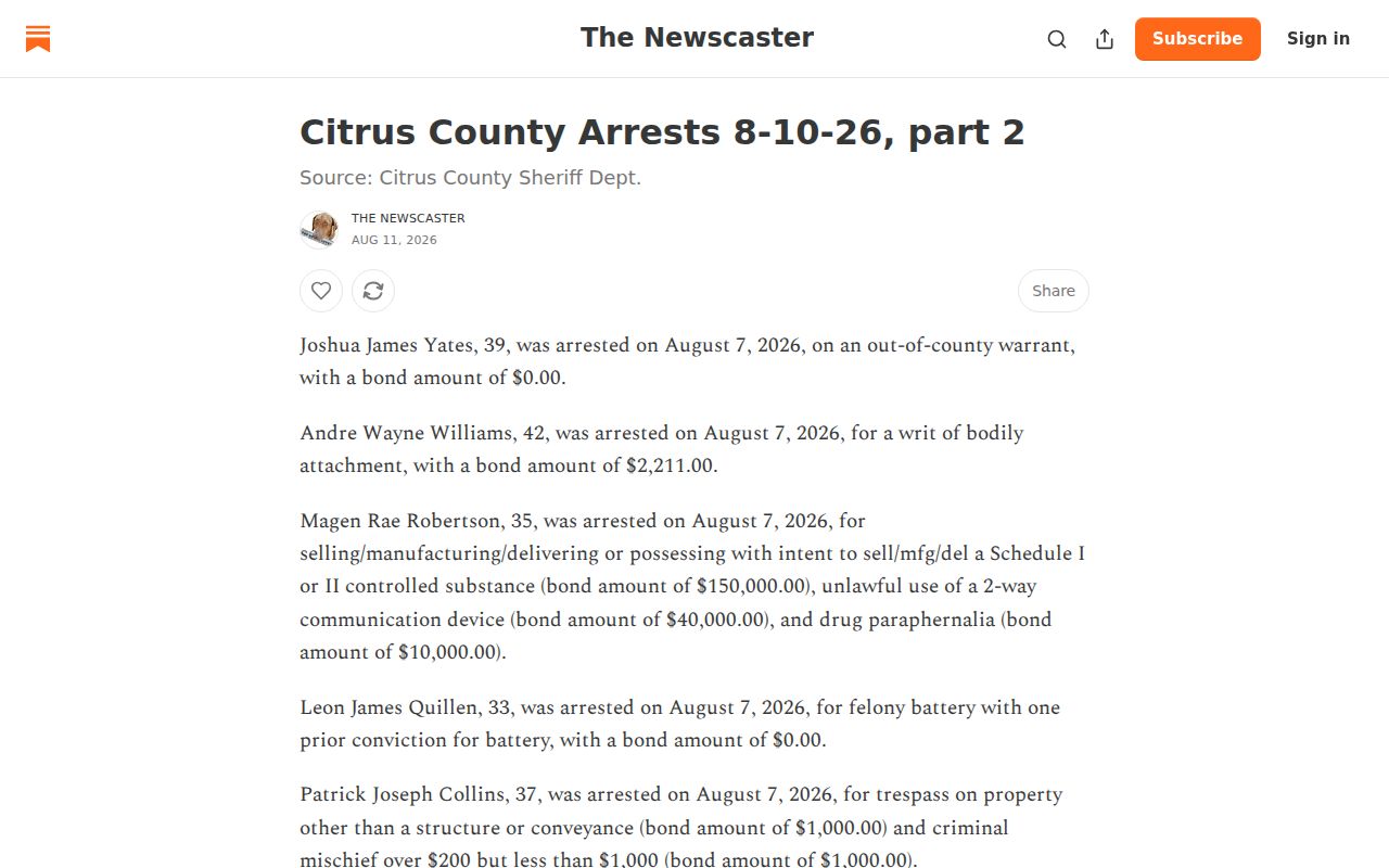 Unofficial Newscaster Citrus County arrest digest page